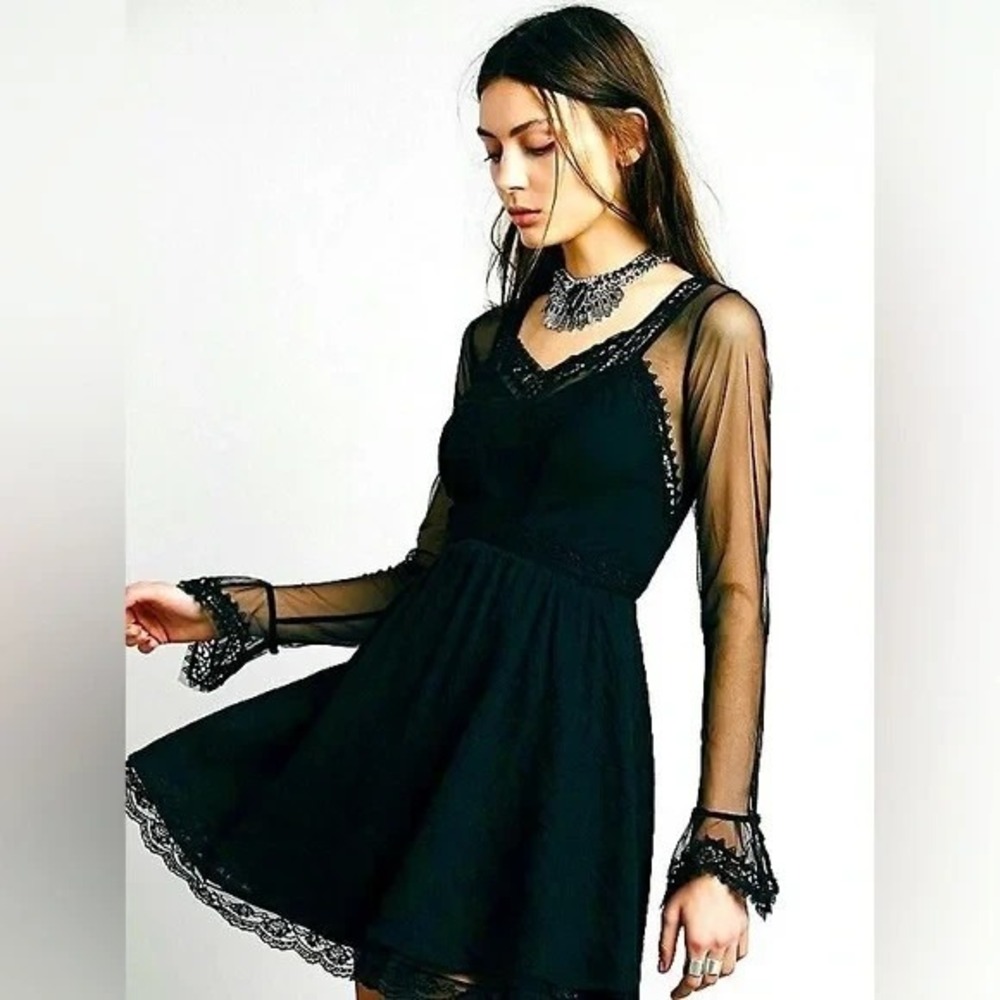 Free People Victorian Mini Dress Black Sheer Lace Long Sleeve Boho Womens 6